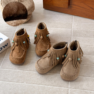 ins儿童绒面勃肯靴2025年秋冬季新款韩版女童流苏民族风加绒短靴