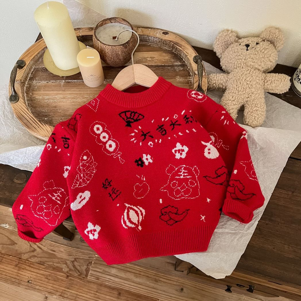 儿童毛衣2024秋冬新款男女童红色外套中国风宝宝上衣过年喜庆衣服