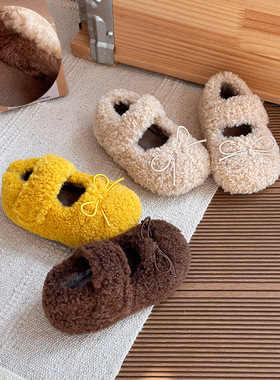 ins法式勃肯毛毛鞋2025冬季新款韩版女童可爱蝴蝶结加绒保暖棉鞋