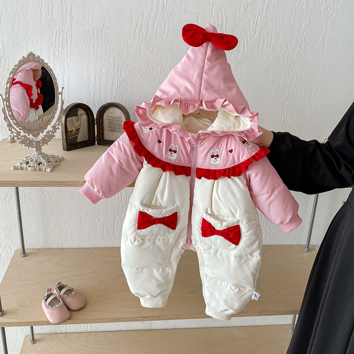 点兮婴儿棉服冬装新生宝宝衣服连体衣拼色可爱兔子棉衣外出服冬季