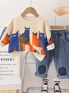 五小七童装2025春秋新款0-5岁中小童男女童满印猫咪卫衣裤两件套