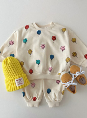 ins~2026春装新款男女童韩版套装中小儿童笑脸彩色气球卫衣两件套