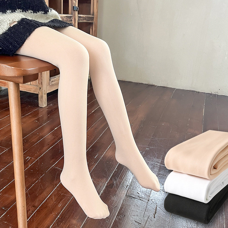 秋冬加绒加厚舞蹈袜女童打底裤薄绒白色踩脚裸感肤色光腿神器袜袜