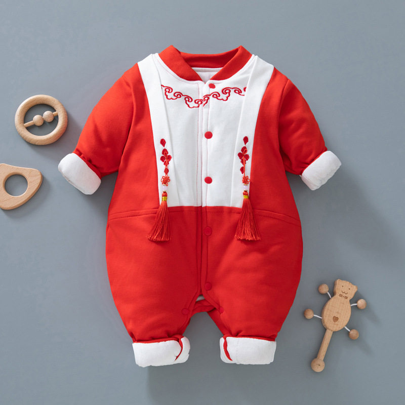 新生婴儿衣服夹棉冬季宝宝连体衣冬薄棉哈衣大红色满月百天拜年服