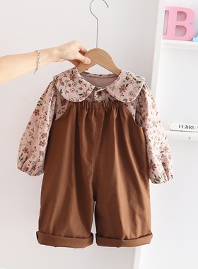 女童春秋季背带裤套装新款洋气女宝宝1-3岁5婴儿童秋装长袖两件套