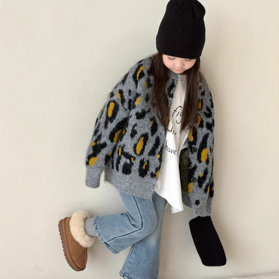 瑜瑜公主 女童加厚保暖针织开衫外套女宝宝冬款韩气豹纹毛衣外套