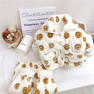 冬季儿童睡衣加厚法兰绒家居服套装男童小女孩三层夹棉加绒外贸