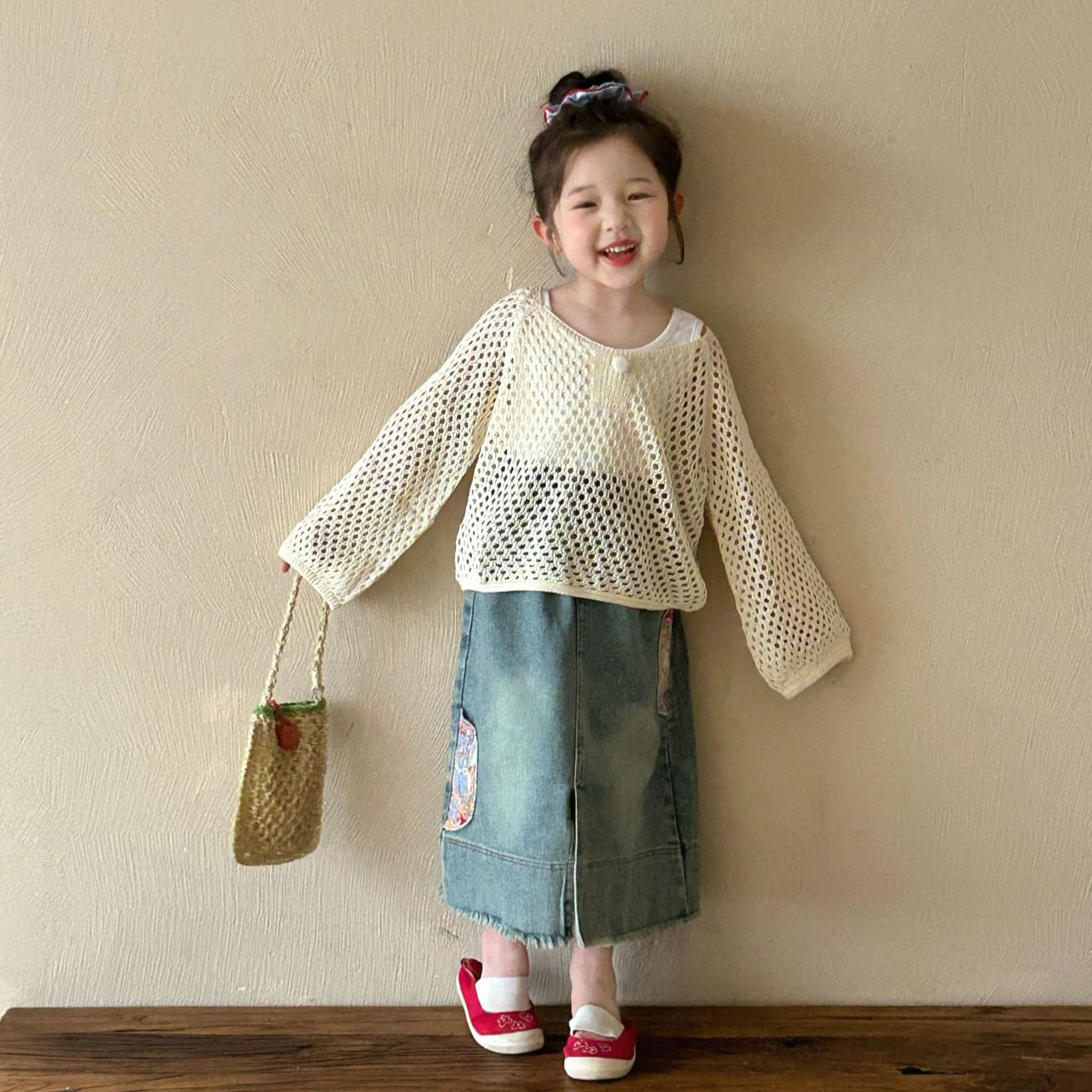 2025春季新款童装 韩版童装 女童镂空破洞针织罩衫 儿童外套