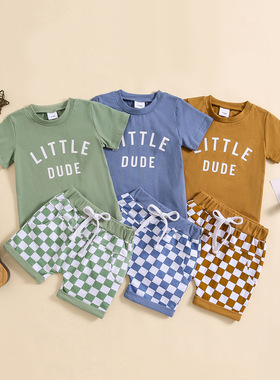 童装外贸圆领字母印花短袖上衣格子短裤两件套多色一件时尚