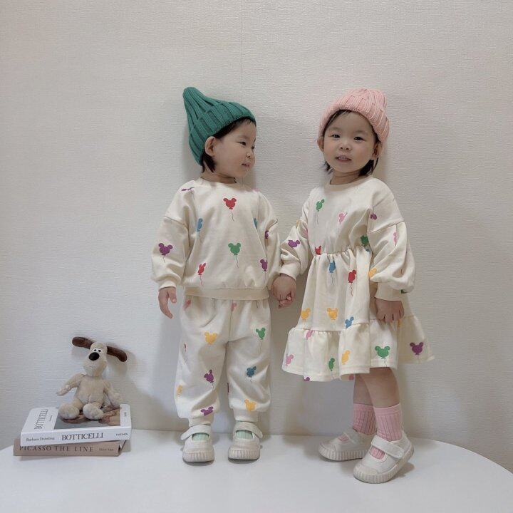 ins~2026春季新款韩版男女中小童兄妹套装彩色印花可爱卫衣连衣裙