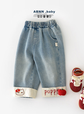 2025秋季新款韩版女童卡通猫咪牛仔长裤 婴幼童中腰拼接裤子53521