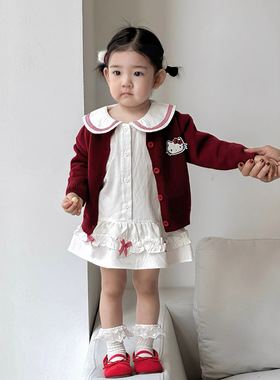 点兮2025秋季新款婴幼儿毛衣开衫套装女宝蝴蝶结裙子针织衫两件套