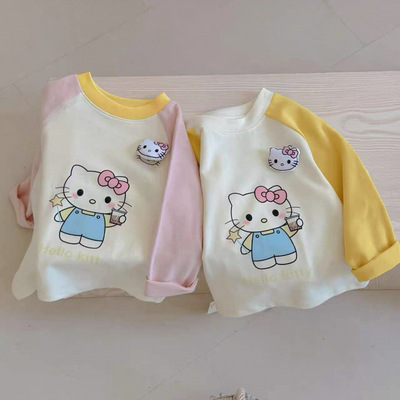 春秋儿童长袖上衣立体KT猫卡通洋气百搭插肩袖内搭新款百搭外穿衫