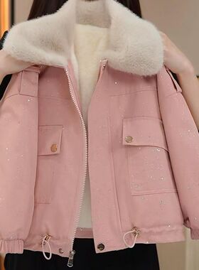 女童加绒外套秋冬款2024新款大童加厚紫色棉服儿童洋气冬装派克服