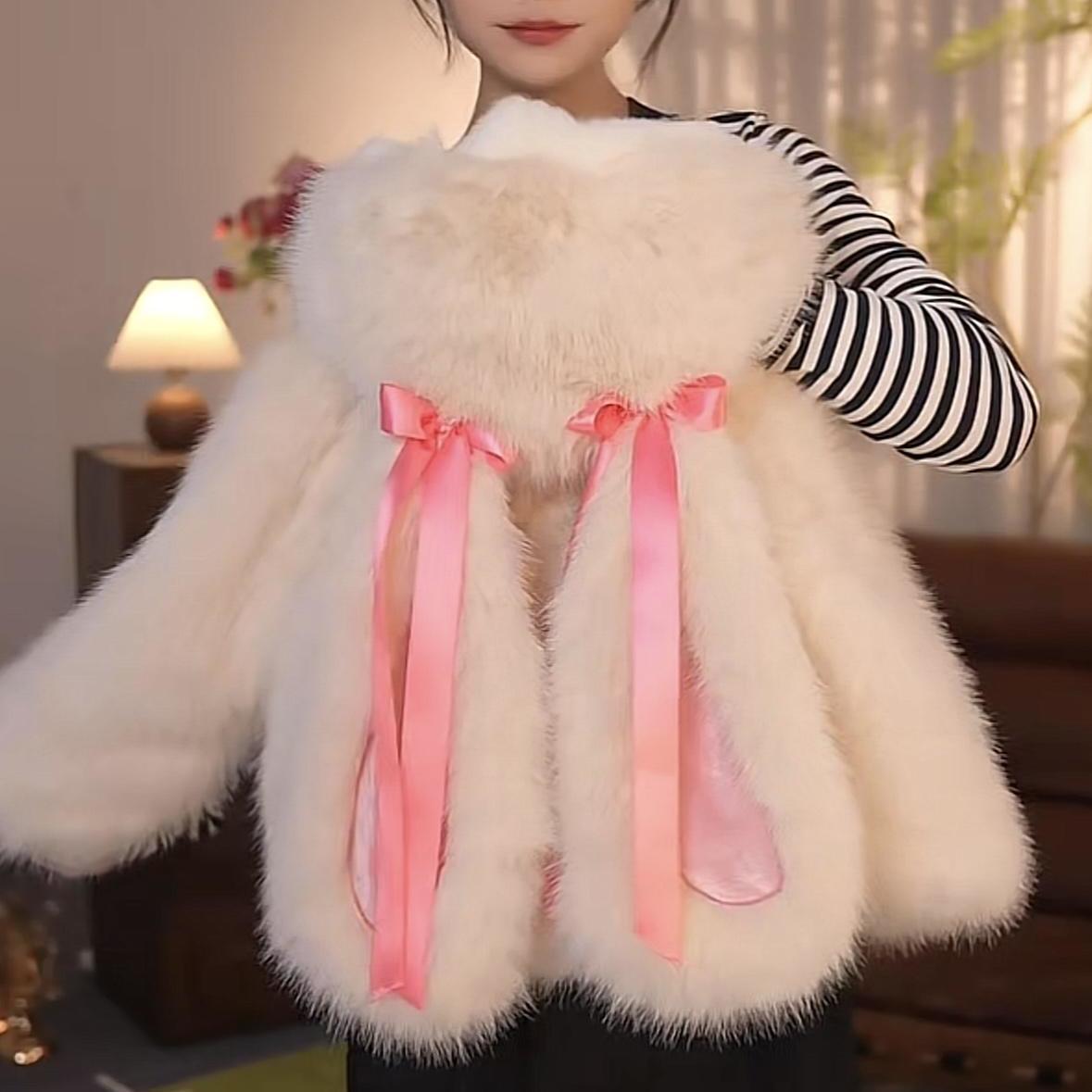 w283女童时尚冬季新款可爱兔子宝宝加绒加厚外套亲子装洋气毛毛衣