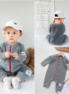 婴幼儿连体衣春秋季潮灰色四道杠连体衣男女宝宝帅气外出长袖爬服