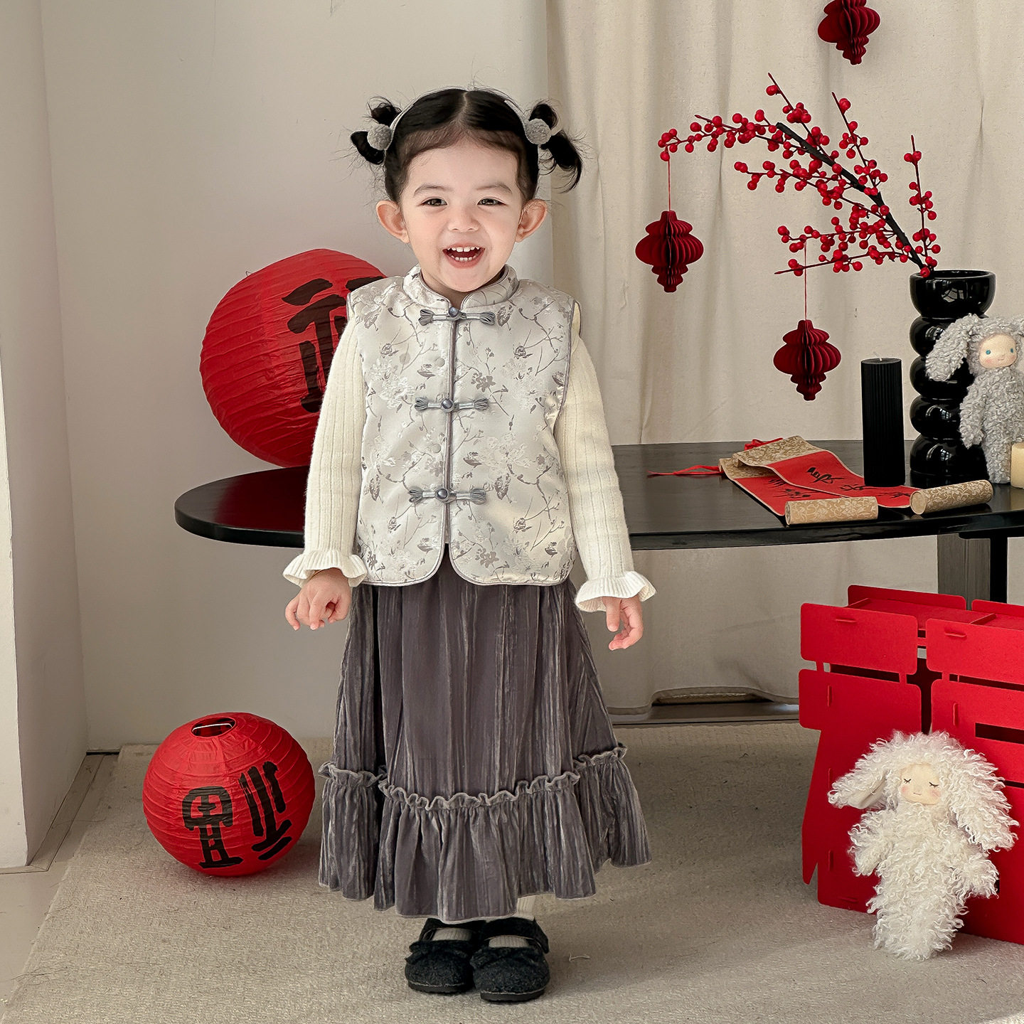 点兮冬季新款婴幼儿加绒加厚中国风半裙套装女宝宝年服背心两件套