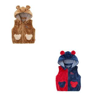 超特价日本制mikihouse熊头口袋加绒连帽马甲13-5701-490