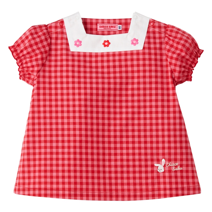 新款日本制mikihouse chieco saku花朵格子短袖上衣22-5403-491