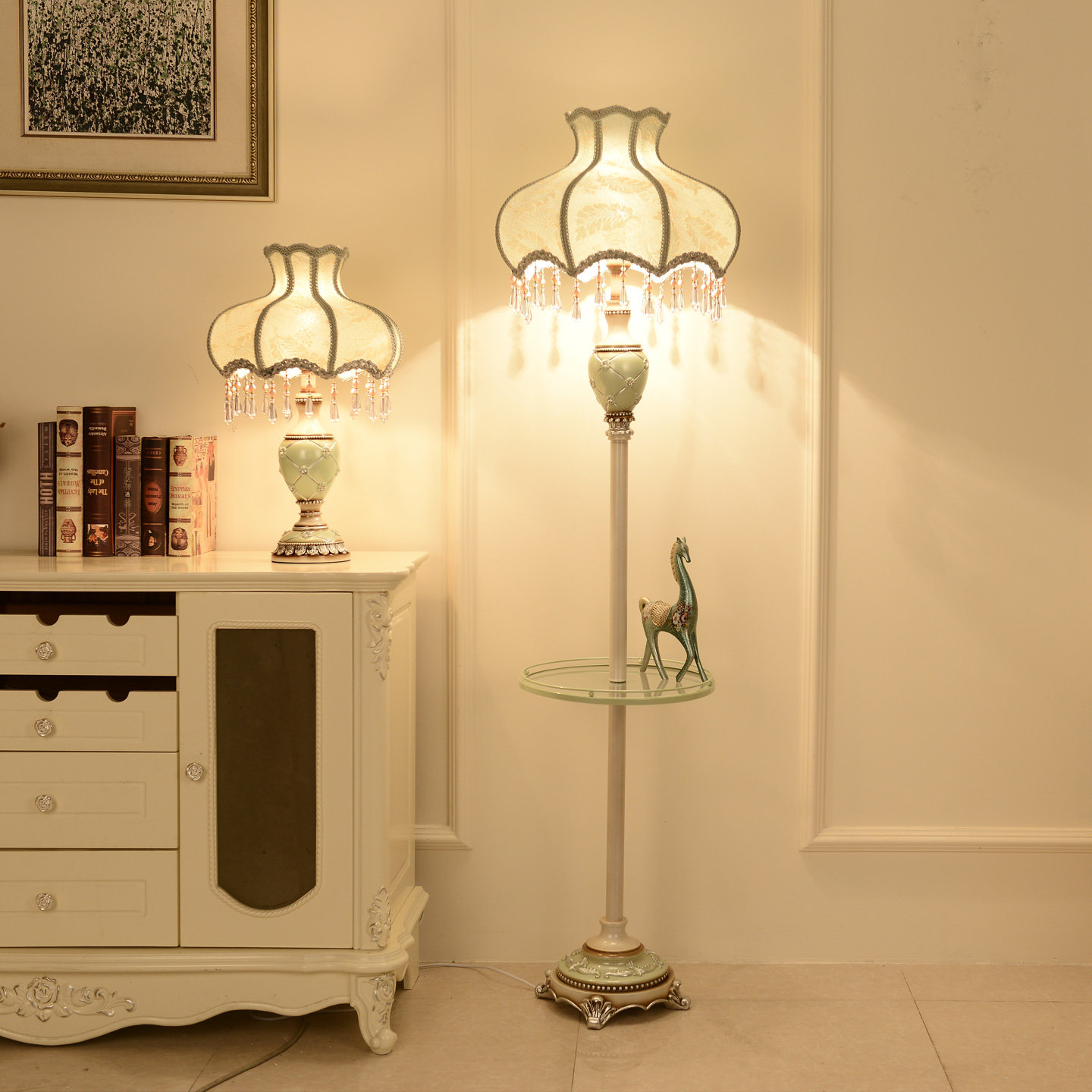 欧式落地灯创意轻奢客厅墙角带茶几布艺书房遥控卧室床头立式台灯