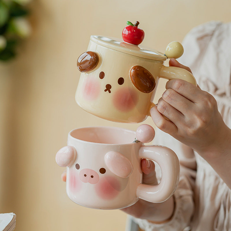粉色猪猪马克杯可爱带盖勺情侣家用喝水咖啡杯子少女心女生日礼物