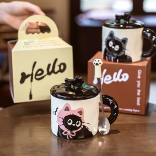 生日礼物水杯女生可爱猫咪陶瓷马克杯情侣带盖勺实用早餐咖啡杯男