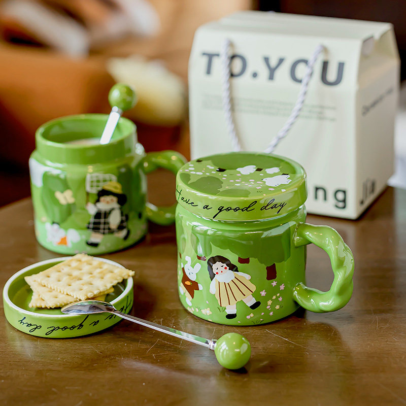 小清新绿色陶瓷杯子女夏天喝水杯