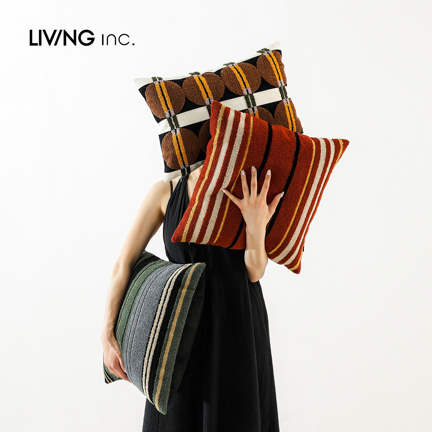 LIVING inc.书橱 中古几何绿色刺绣高级感复古风沙发腰靠背垫抱枕