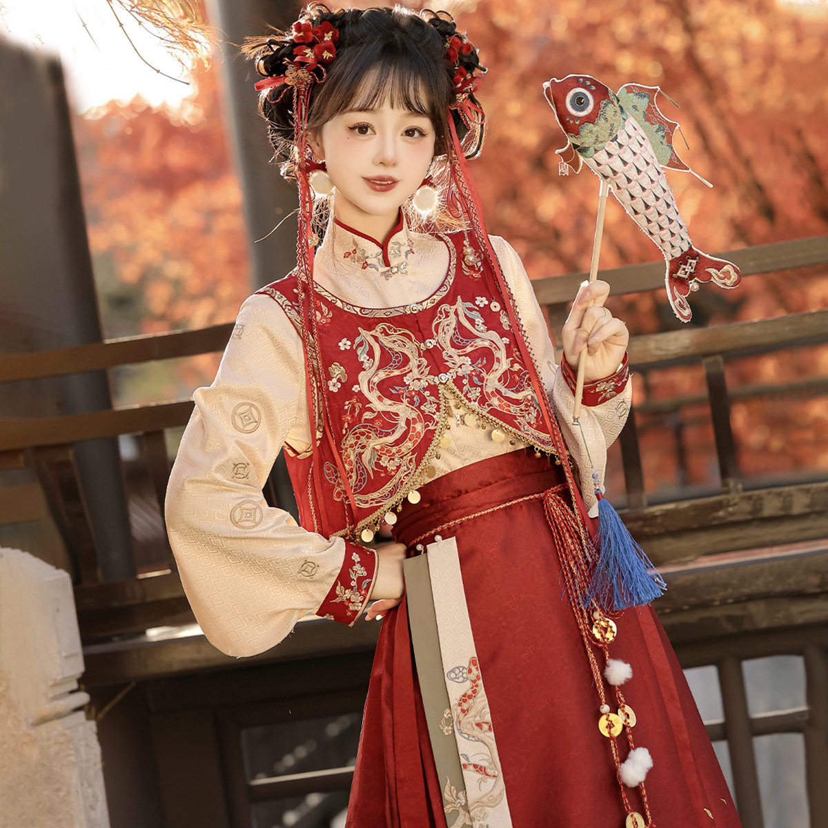 倚梦阁原创富贵绵绵汉服女国风拜年装马甲衬衣马面裙大衣套装9448