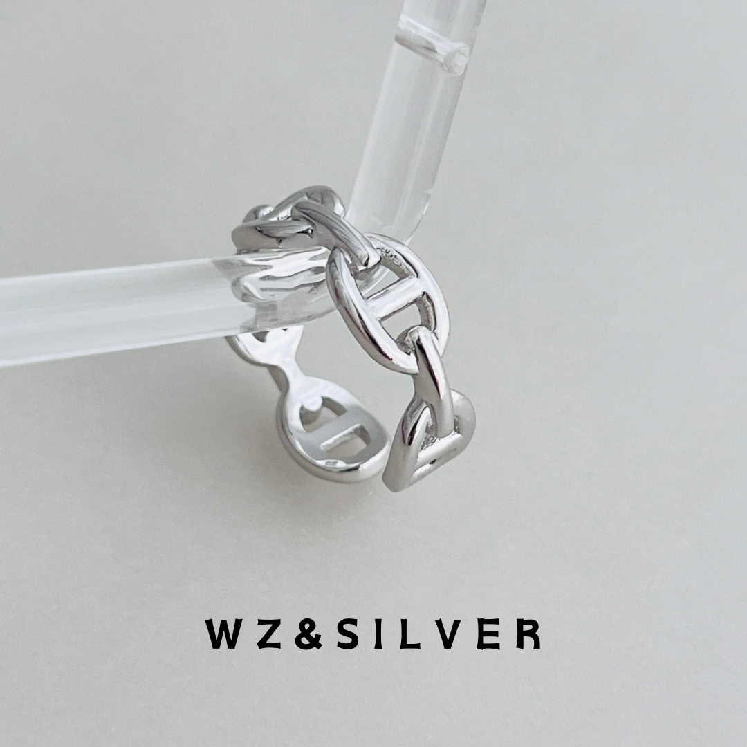 WZ&SILVER设计师款通体S925纯银镀铑金猪鼻子戒指高级简约百搭