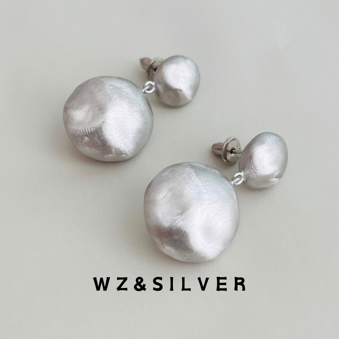WZ&SILVER款通体S925纯银拉丝磨砂豆豆耳钉重工简约百搭耳饰高级