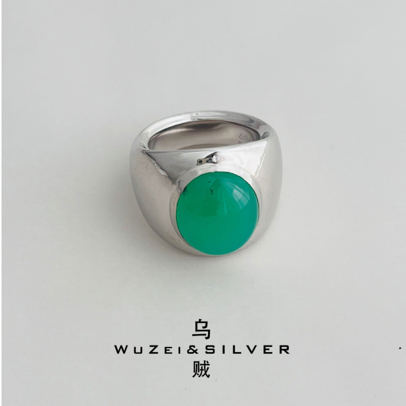 WZ&SILVER高货设计师款通体S925银镀铑金澳玉戒指高级复古重工