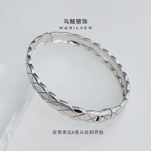 W&SILVER小香风通体925纯银菱格纹手镯时尚经典款小众设计手环