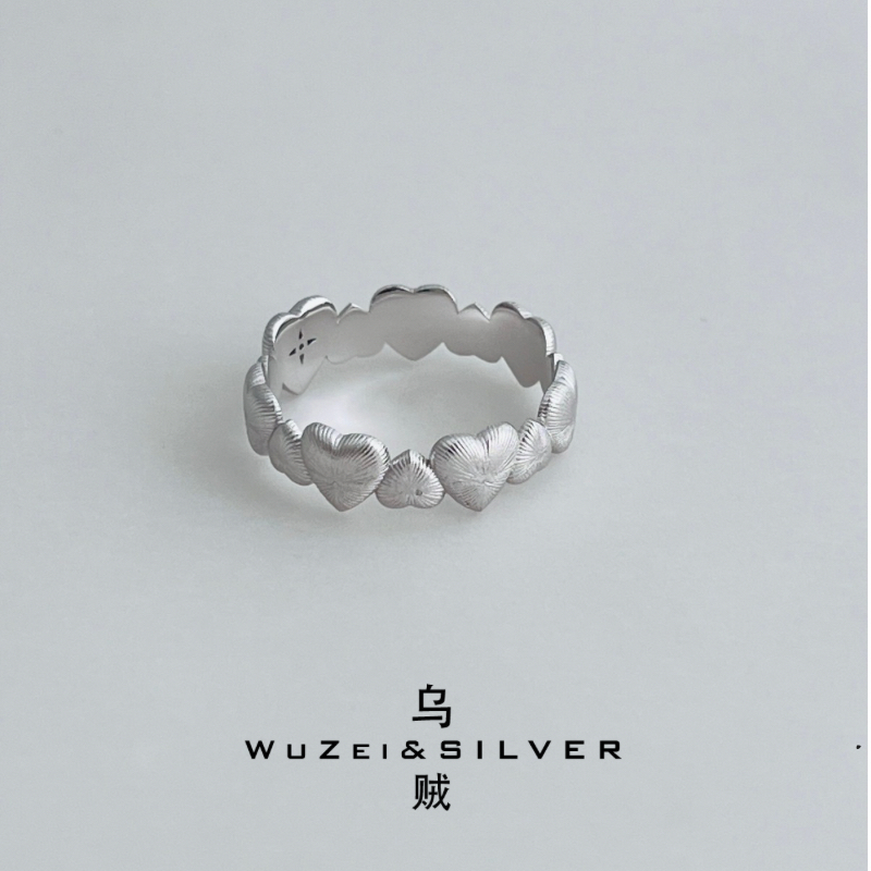 WZ&SILVER设计师款通体S925银厚镀铑金拉丝爱心戒指高级质感中古