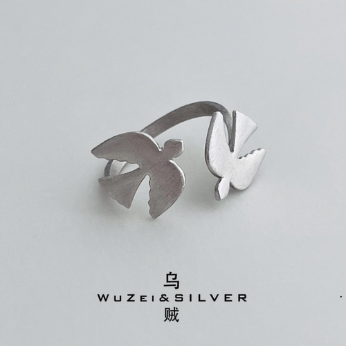 WZ&SILVER设计师款通体S925银镀铑金双鸟开口戒指高级百搭简约