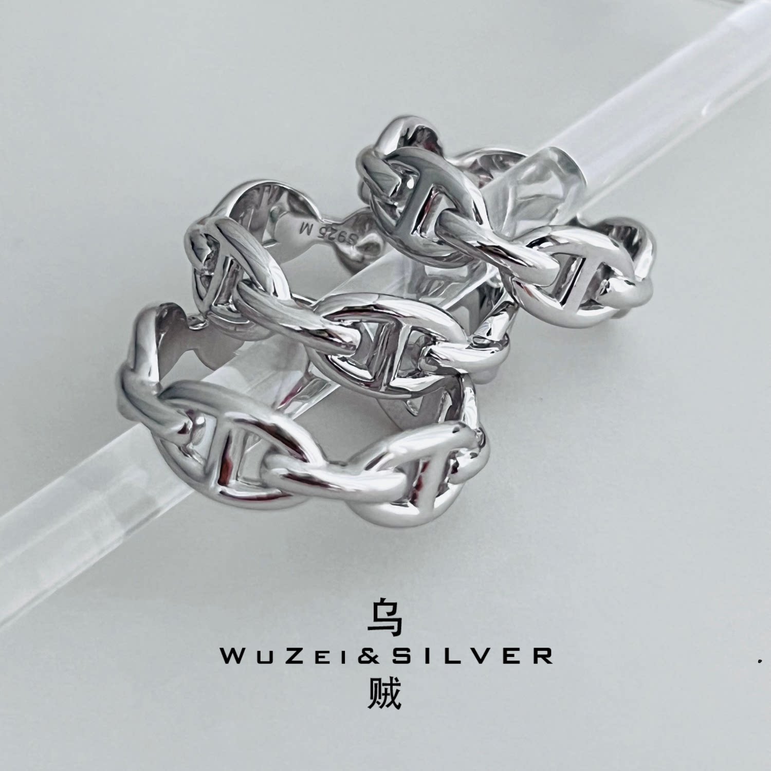 WZ&SILVER经典款通体S925银镀铑金猪鼻子戒指高级个性时尚百搭