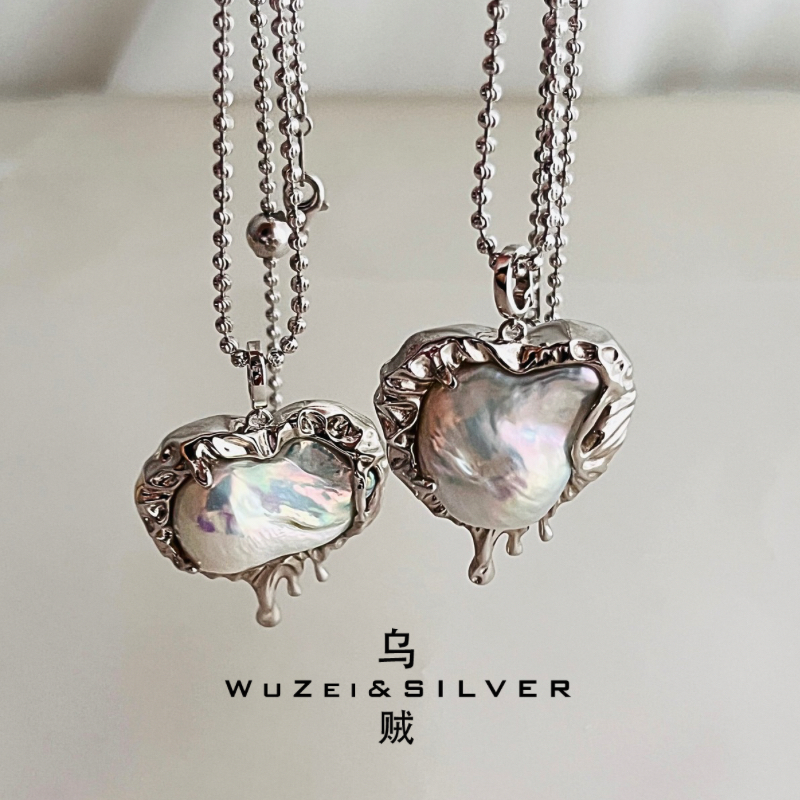 WZ&SILVER乌贼高定款天然巴洛克珍珠包镶925银镀铑金爱心吊坠项链