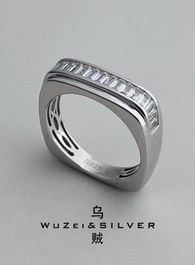 WZ&SILVER设计师款通体S925银镀铑金镶钻方型戒指高级个性百搭