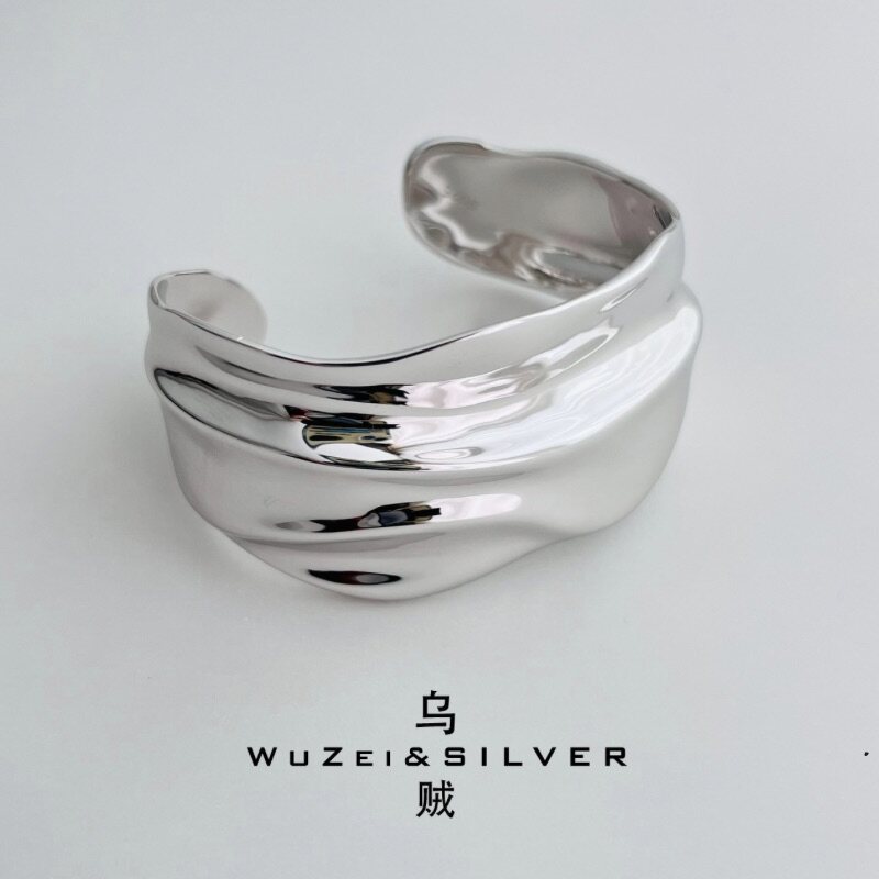 WZ&SILVER设计师款通体S925银镀铑金宽版褶皱手镯高级百搭时尚