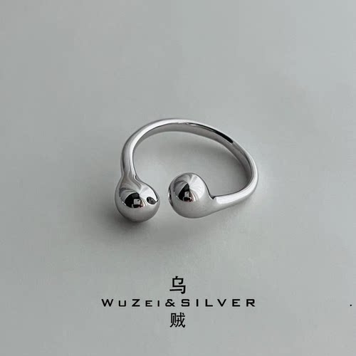WZ&SILVER设计师款通体S925银镀铑金水滴开口戒指高级百搭时尚