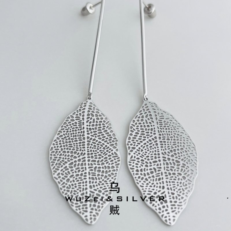 WZ&SILVER设计款通体S925银镀铑金镂空树叶耳环高级百搭时尚精致