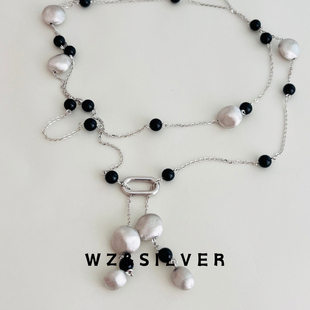 WZ&SILVER高定款通体S925纯银拉丝磨砂豆豆黑玛瑙项链简约高级