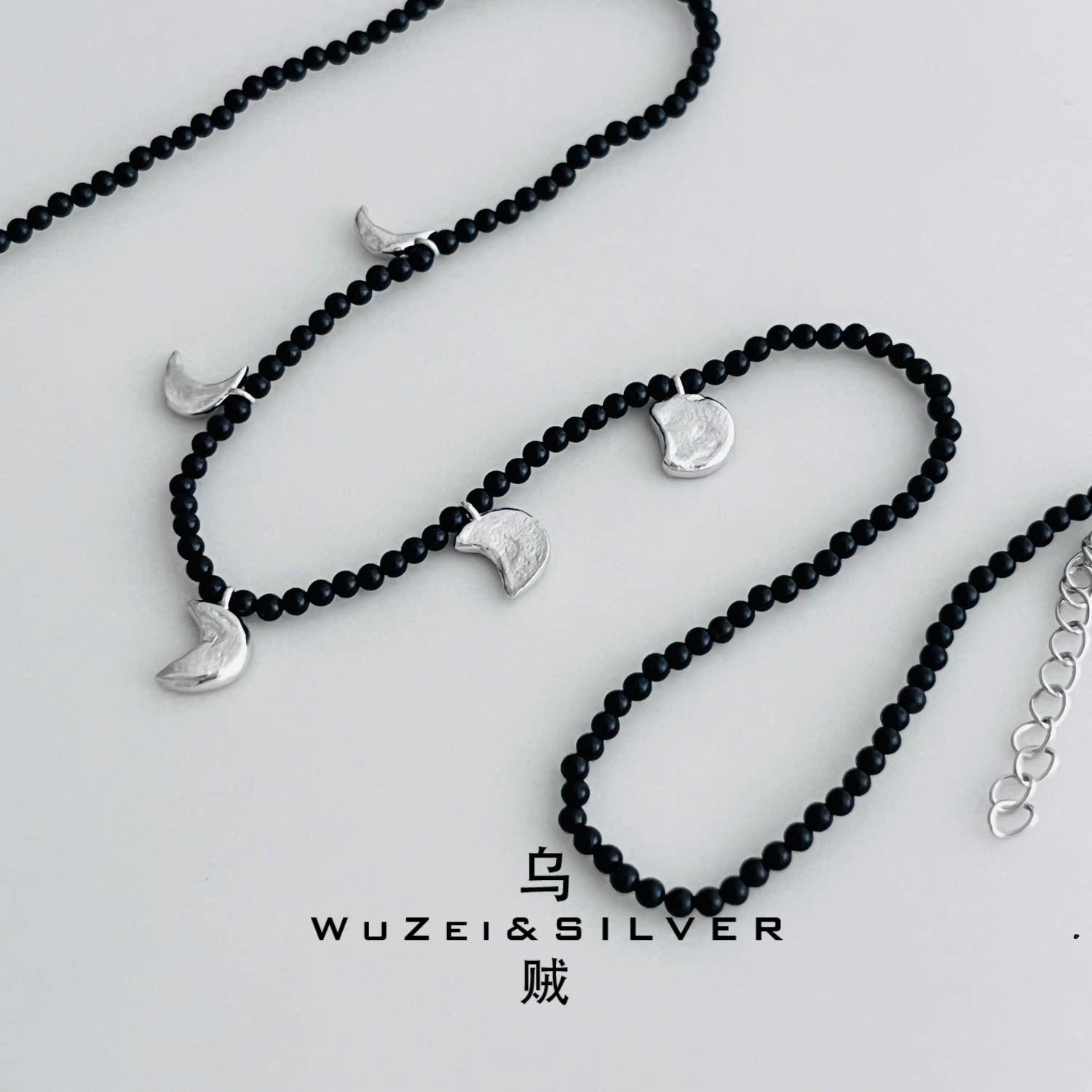 WZ&SILVER设计师款通体S925银镀铑金黑玛瑙月亮项链高级个性百搭