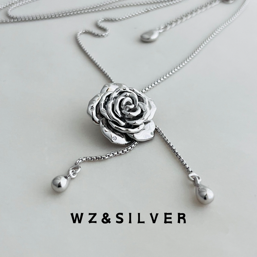 WZ&SILVER设计师款通体S925纯银镀铑金玫瑰花镶嵌抽拉工艺毛衣链