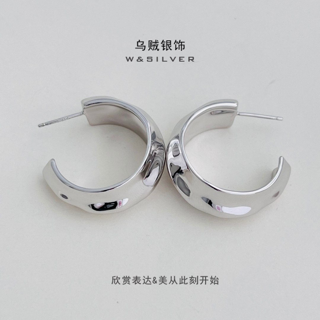 W&SILVER通体S925纯银时尚C形光面质感耳圈高级感冷淡风耳环耳饰