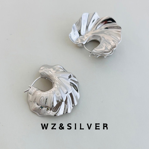 WZ&SILVER设计师款通体S925纯银镀铑金洄型贝壳耳扣简约小众高级