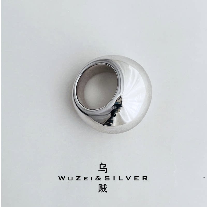 WZ&SILVER设计师款通体S925银镀铑金光面鹅蛋戒指重工高级百搭