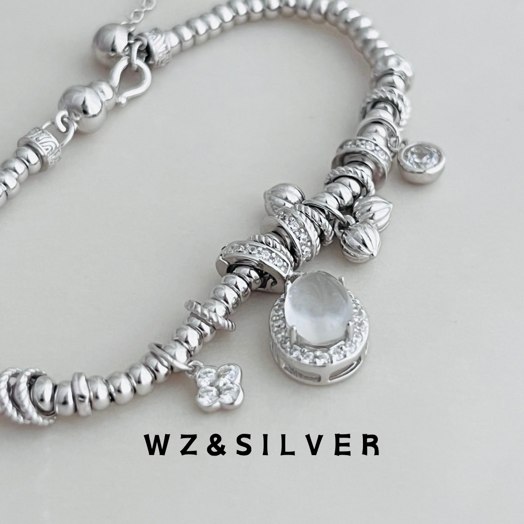 WZ&SILVER设计师款通体S925纯银镀铑金四叶草盘缠手链高级百搭