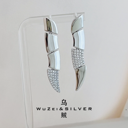 WZ&SILVER设计师款通体S925银镀铑金镶钻耳钉高级百搭时尚简约