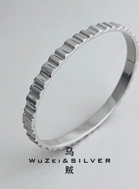 WZ&SILVER设计师款通体S925纯镀铑金开口手镯高级重工百搭质感